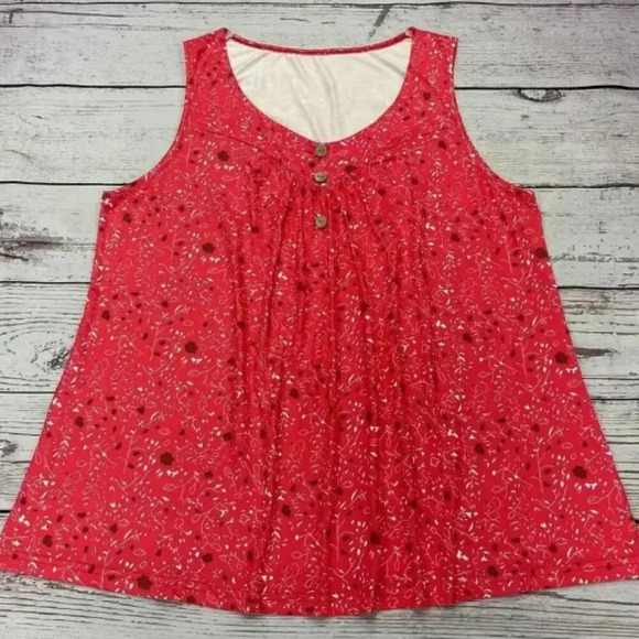 Ditsy Floral Print Red Tank Top Size 3XL (18W) Tunic Length Round Neck Stretch - Picture 2 of 6